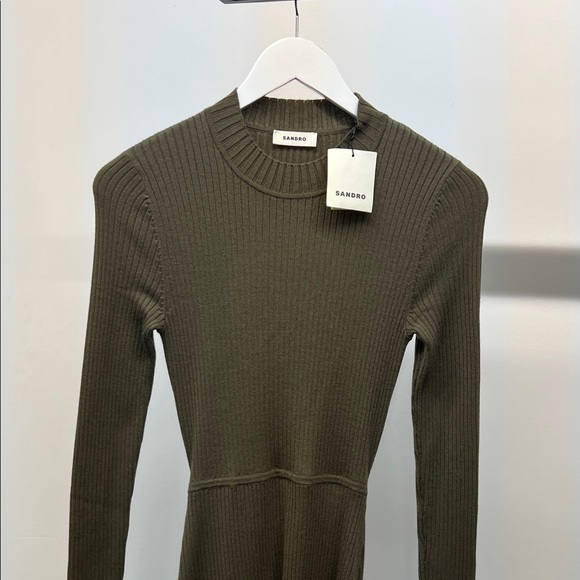 NWT Sandro Olive Ribbed Knit Dress - Picture 2 of 10
